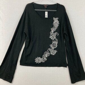 New Francesca Rose XL Black White Embroidered Floral Whimsigoth‎ Knit Top